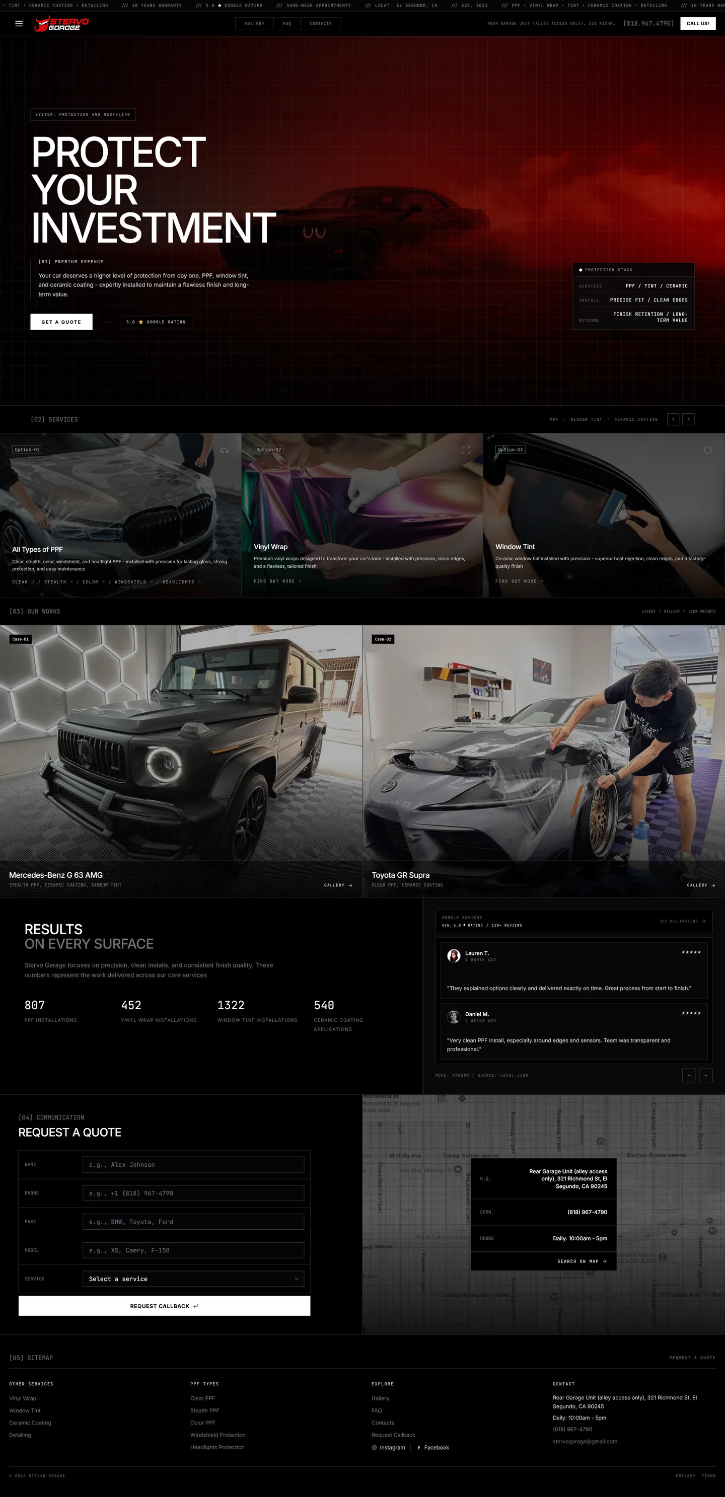 Full-page Stervo Garage website screenshot showing the Protect Your Investment landing page